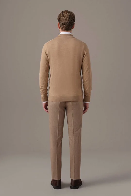 Merino Yün İpek Karışım Polo Yaka Yarım Fermuarlı Camel Triko