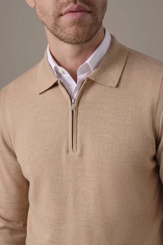 Merino Yün İpek Karışım Polo Yaka Yarım Fermuarlı Camel Triko