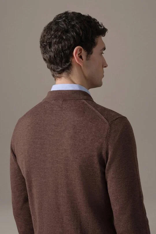 Merino Yün İpek Karışım Polo Yaka Yarım Fermuarlı Kahverengi Triko