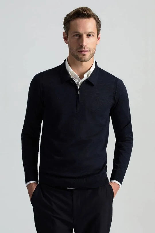 Hemington - Merino Yün İpek Karışım Polo Yaka Yarım Fermuarlı Lacivert Triko