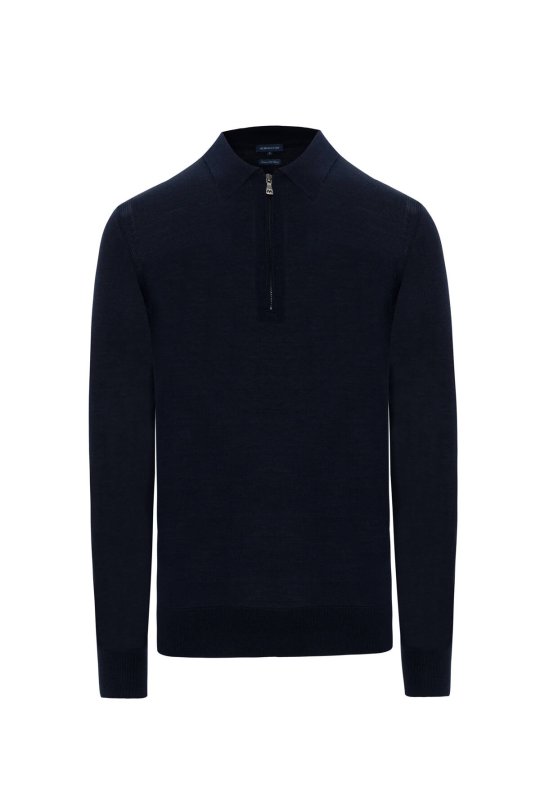 Merino Yün İpek Karışım Polo Yaka Yarım Fermuarlı Lacivert Triko