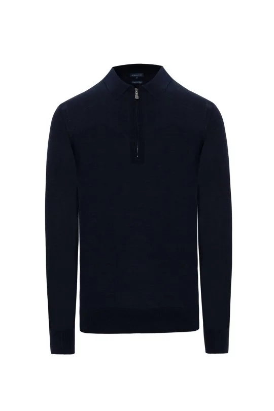 Hemington - Merino Yün İpek Karışım Polo Yaka Yarım Fermuarlı Lacivert Triko (6)