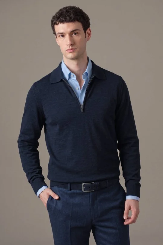 Hemington - Merino Yün İpek Karışım Polo Yaka Yarım Fermuarlı Lacivert Triko (1)