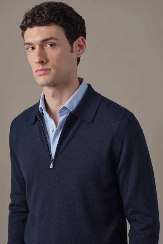Hemington - Merino Yün İpek Karışım Polo Yaka Yarım Fermuarlı Lacivert Triko (3)