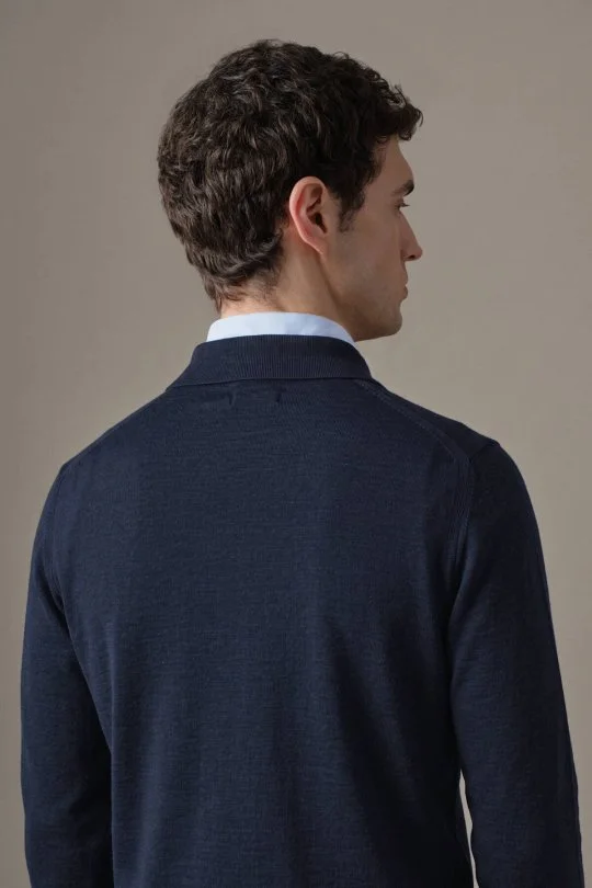 Hemington - Merino Yün İpek Karışım Polo Yaka Yarım Fermuarlı Lacivert Triko (4)