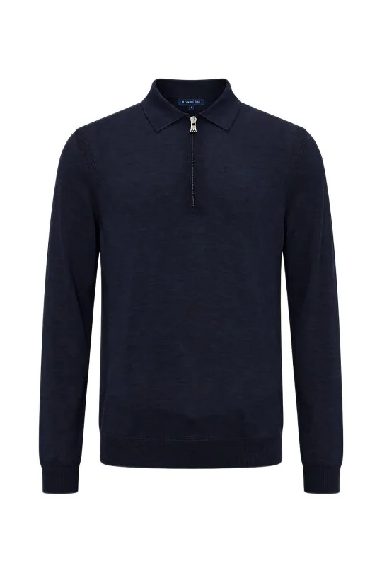Hemington - Merino Yün İpek Karışım Polo Yaka Yarım Fermuarlı Lacivert Triko (6)