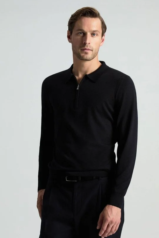 Hemington - Merino Yün İpek Karışım Polo Yaka Yarım Fermuarlı Siyah Triko