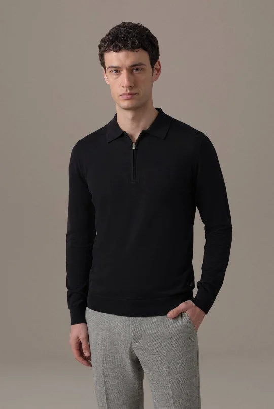Merino Yün İpek Karışım Polo Yaka Yarım Fermuarlı Siyah Triko