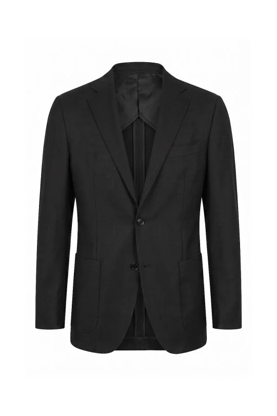 Merino Yün-İpek-Keten Karışım Siyah Blazer Ceket