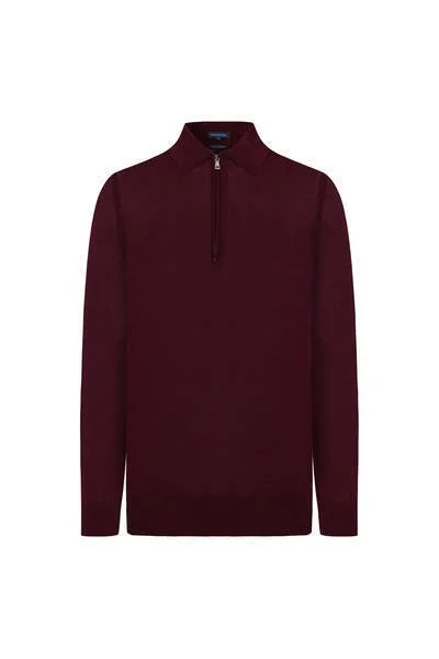 Merino Yün İpek Yarım Fermuarlı Bordo Polo Triko
