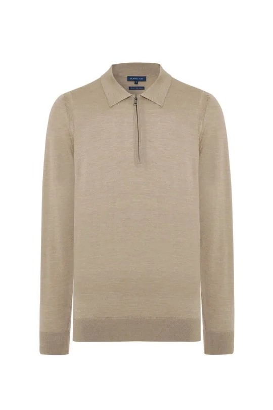 Merino Yün İpek Yarım Fermuarlı Camel Polo Triko