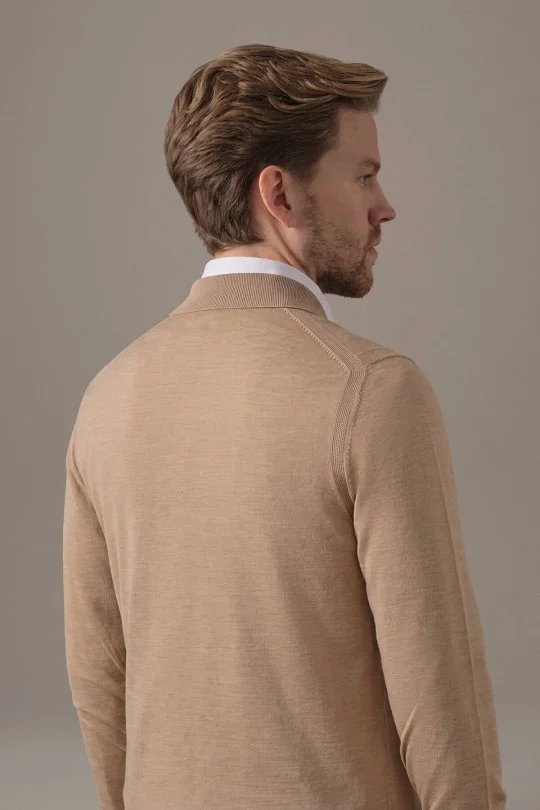 Merino Yün İpek Yarım Fermuarlı Camel Polo Triko