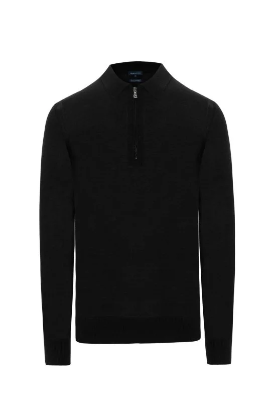 Merino Yün İpek Yarım Fermuarlı Siyah Polo Triko