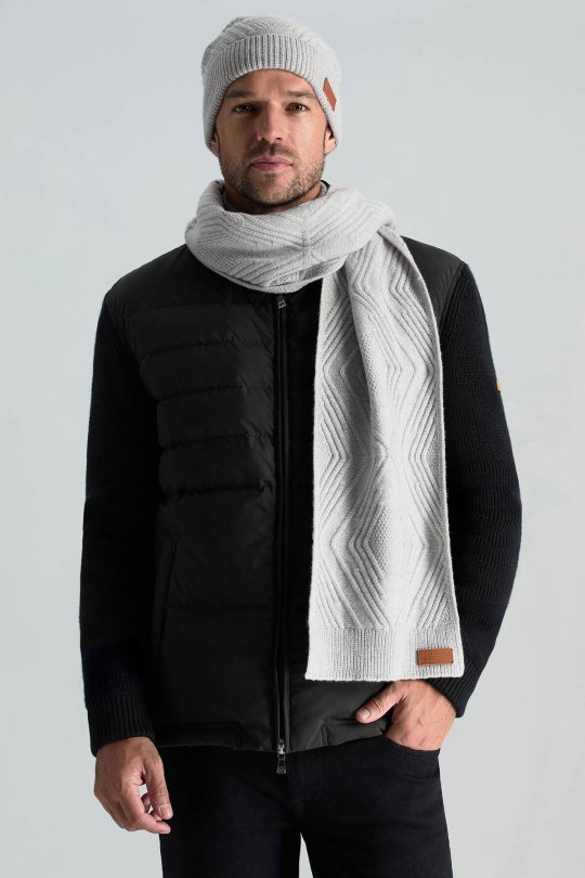 Merino Yün Kaşmir Karışım Desenli Açık Gri Bere