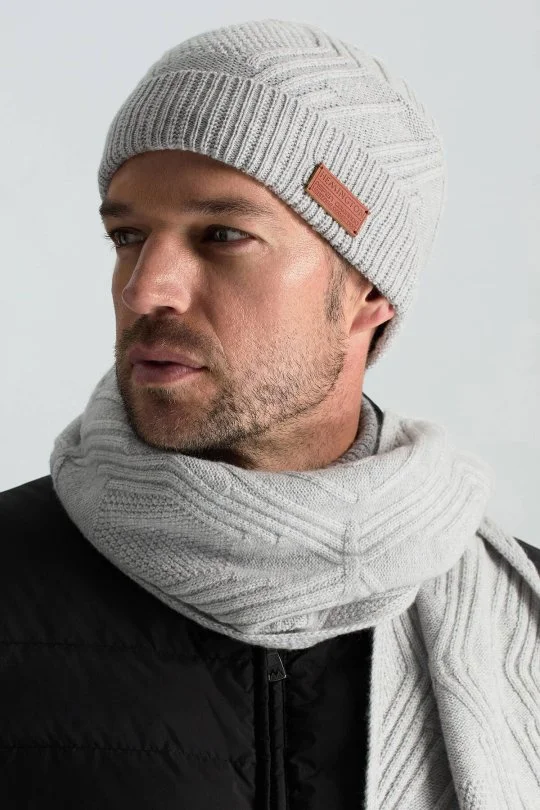 Hemington - Merino Yün Kaşmir Karışım Desenli Açık Gri Bere (1)