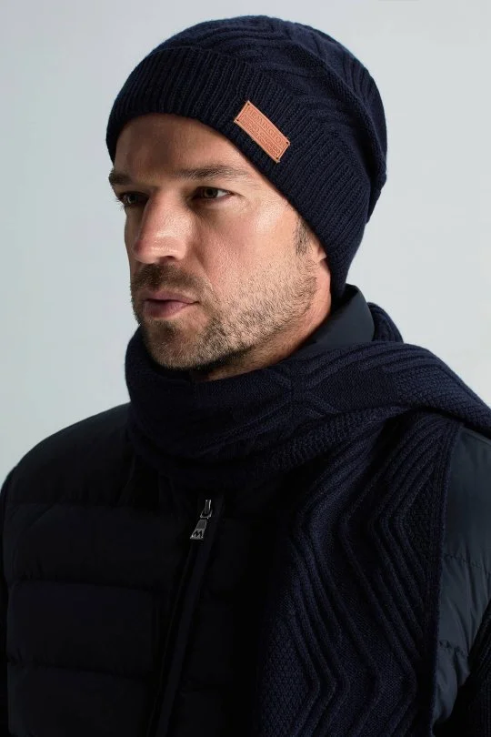 Hemington - Merino Yün Kaşmir Karışım Desenli Lacivert Bere