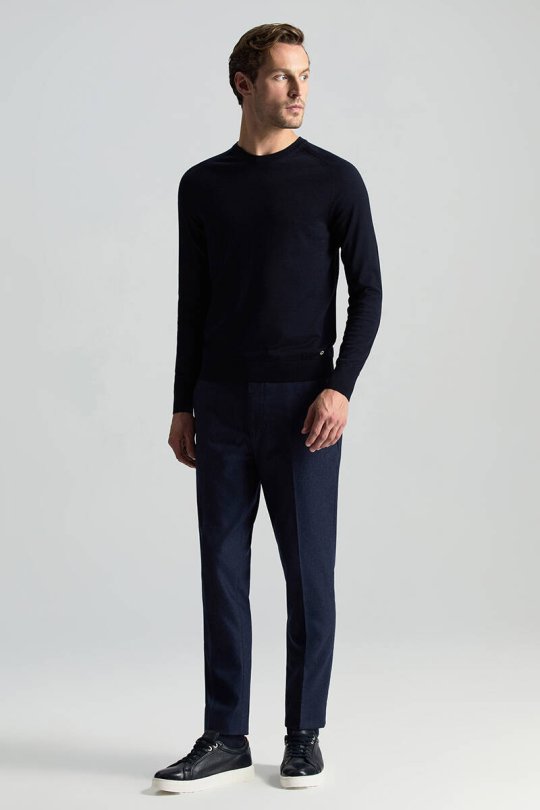 Merino Yün Lacivert Bisiklet Yaka Triko