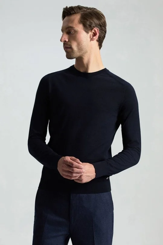 Hemington - Merino Yün Lacivert Bisiklet Yaka Triko