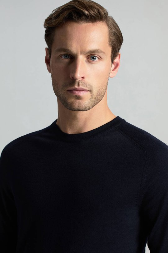 Merino Yün Lacivert Bisiklet Yaka Triko