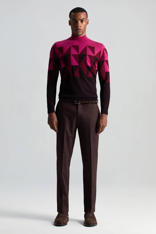Merino Yün Lupetto Yaka Desenli Fuşya Triko
