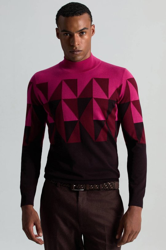 Merino Yün Lupetto Yaka Desenli Fuşya Triko