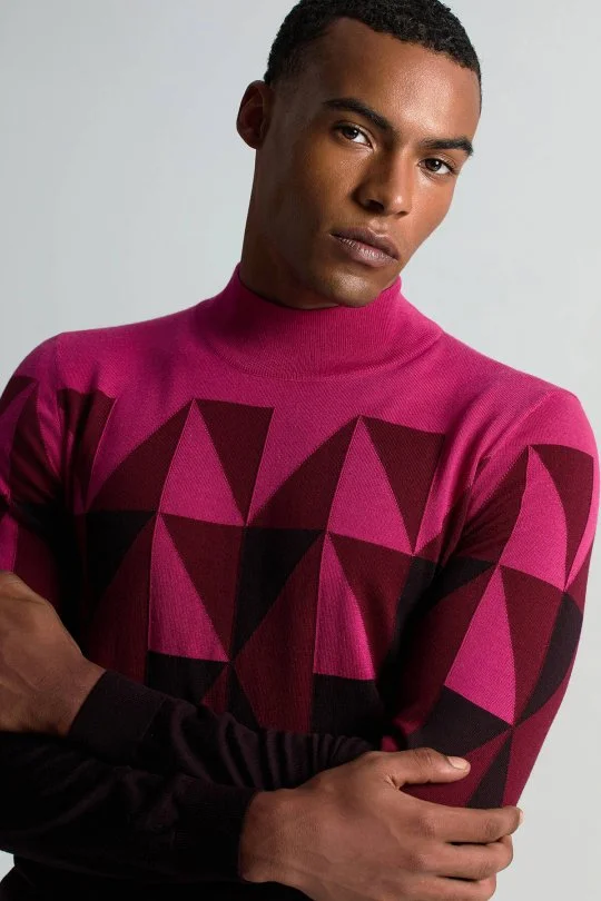 Hemington - Merino Yün Lupetto Yaka Desenli Fuşya Triko (1)
