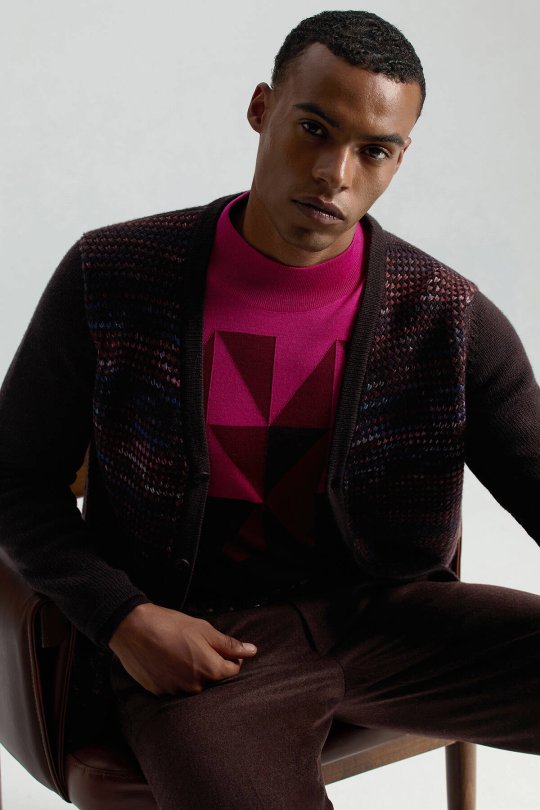 Merino Yün Lupetto Yaka Desenli Fuşya Triko