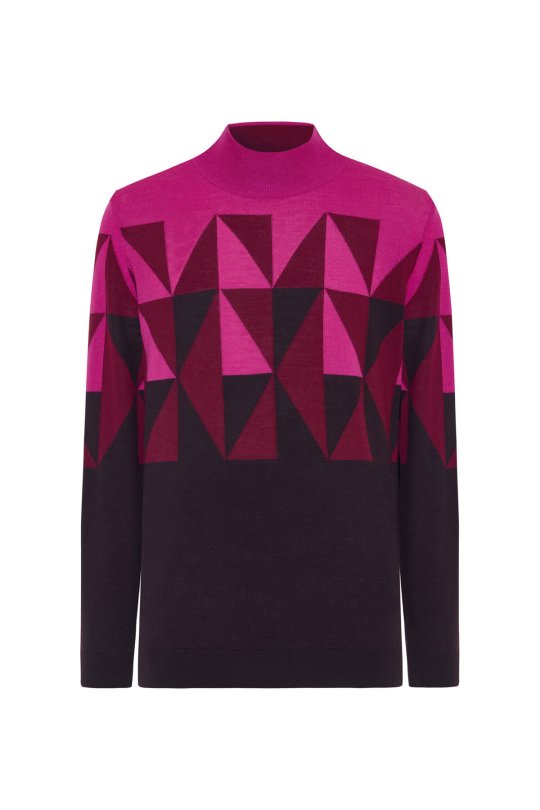 Merino Yün Lupetto Yaka Desenli Fuşya Triko