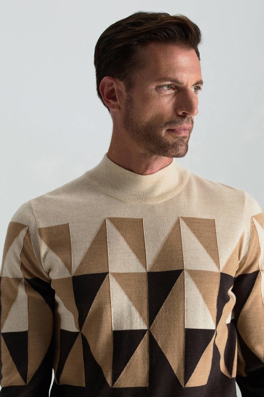 Merino Yün Lupetto Yaka Desenli Kahverengi Triko