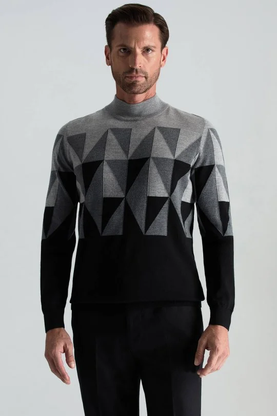 Hemington - Merino Yün Lupetto Yaka Desenli Siyah Triko (1)