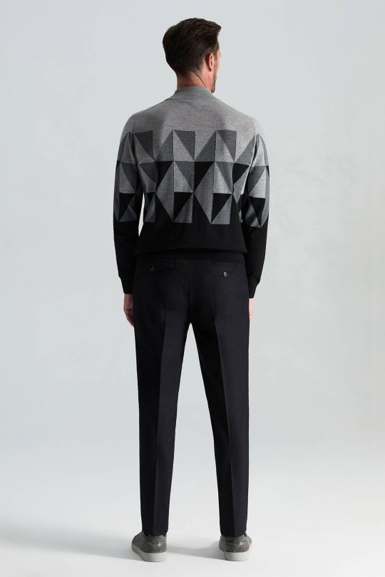 Merino Yün Lupetto Yaka Desenli Siyah Triko