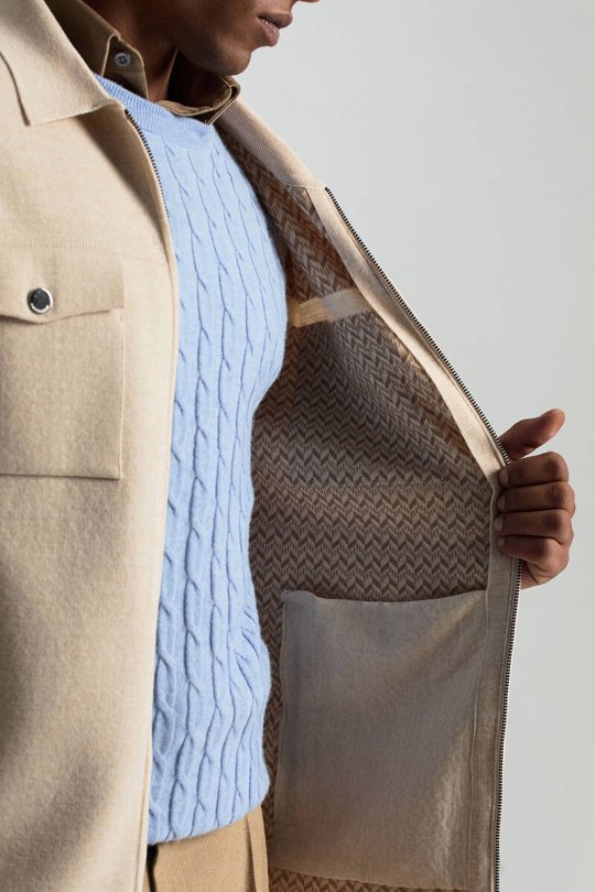 Merino Yün Metal Düğme Cepli Açık Bej Triko Ceket