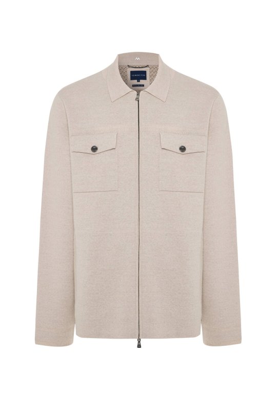 Merino Yün Metal Düğme Cepli Açık Bej Triko Ceket