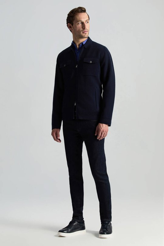Merino Yün Metal Düğme Cepli Lacivert Triko Ceket