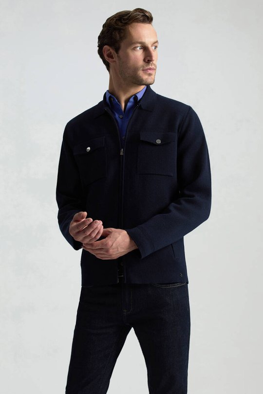 Merino Yün Metal Düğme Cepli Lacivert Triko Ceket