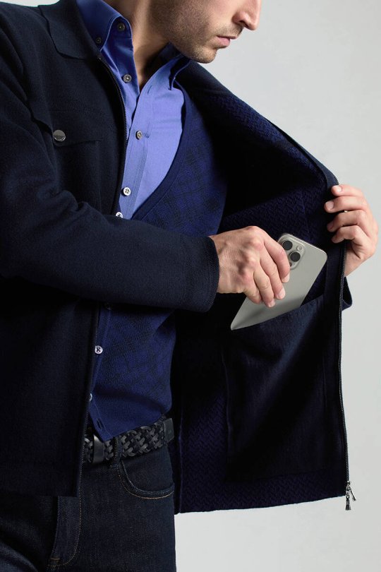 Merino Yün Metal Düğme Cepli Lacivert Triko Ceket