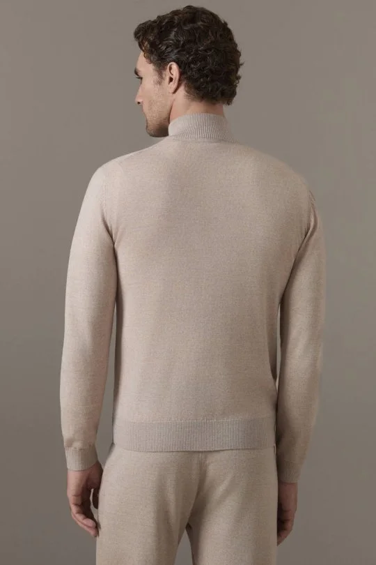 Merino Yün Modal Pamuk Yarım Fermuarlı Camel Triko