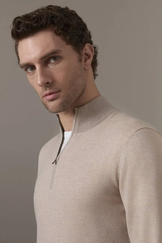 Merino Yün-Modal Yarım Fermuarlı Camel Triko