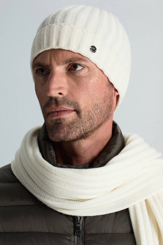 Örgü Desenli Ekru Merino Yün Su İtici Bere