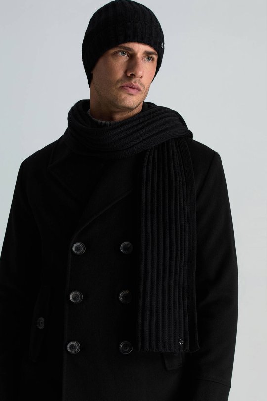 Örgü Desenli Siyah Merino Yün Su İtici Bere