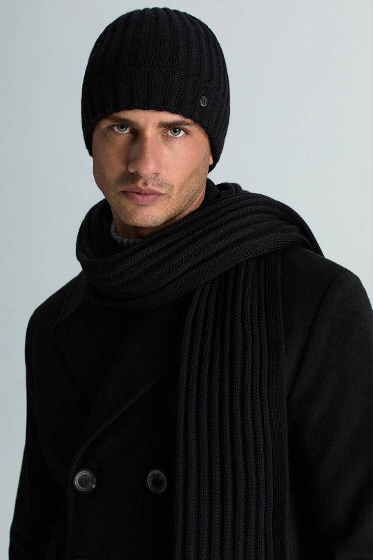 Örgü Desenli Siyah Merino Yün Su İtici Bere