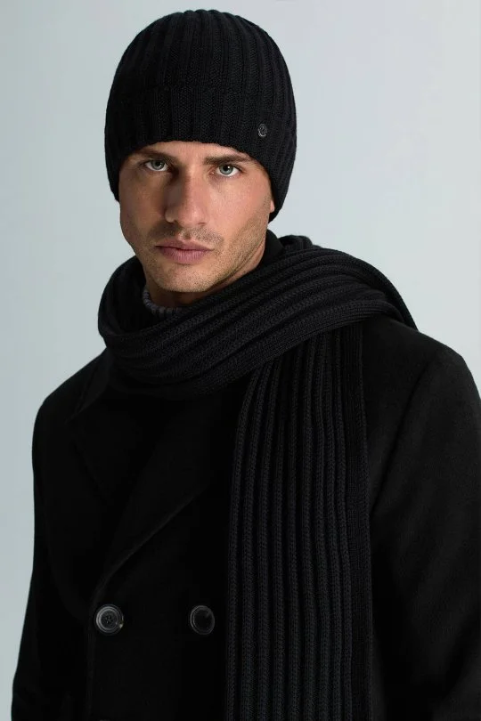 Hemington - Örgü Desenli Siyah Merino Yün Su İtici Bere