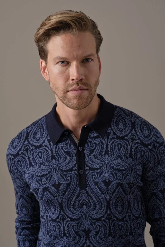 Hemington - Merino Yün Paisley Desen Polo Yaka Lacivert Triko Kazak (2)