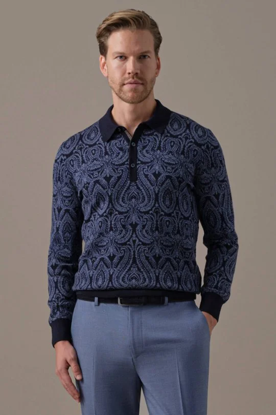 Hemington - Merino Yün Paisley Desen Polo Yaka Lacivert Triko Kazak (1)