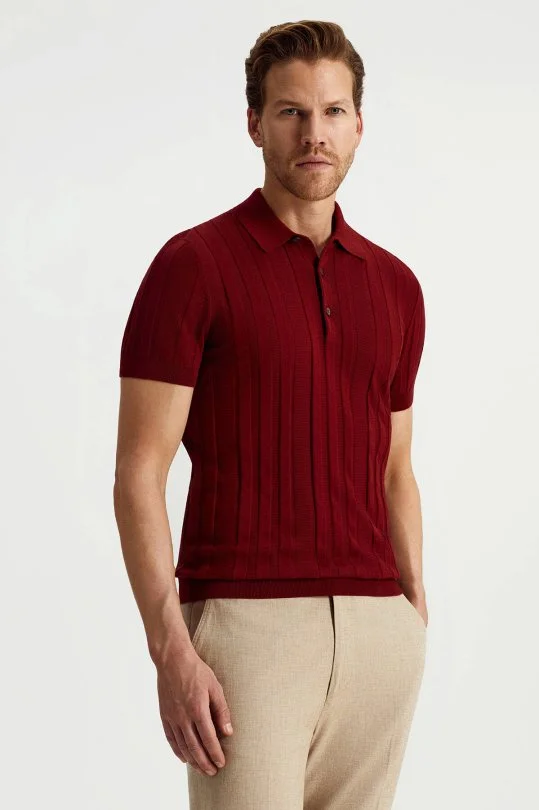 Hemington - Merino Yün Pamuk Karışım Şerit Desenli Bordo Triko Polo (1)
