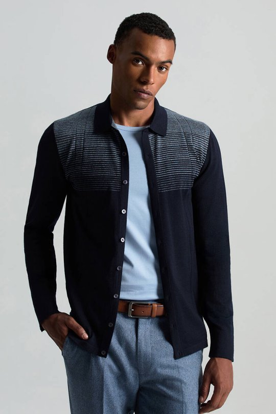 Merino Yün Pamuk Karışım Şerit Desenli Düğmeli Lacivert Triko Gömlek