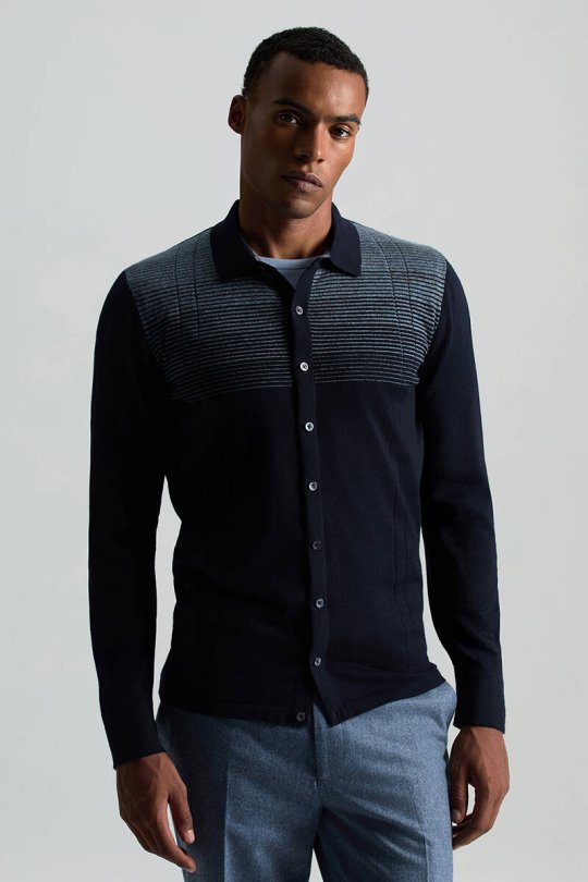 Merino Yün Pamuk Karışım Şerit Desenli Düğmeli Lacivert Triko Gömlek