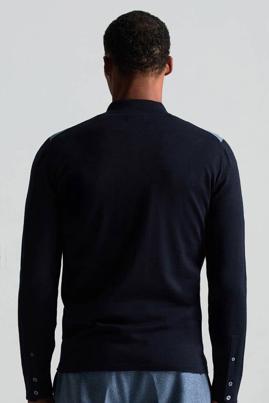 Merino Yün Pamuk Karışım Şerit Desenli Düğmeli Lacivert Triko Gömlek