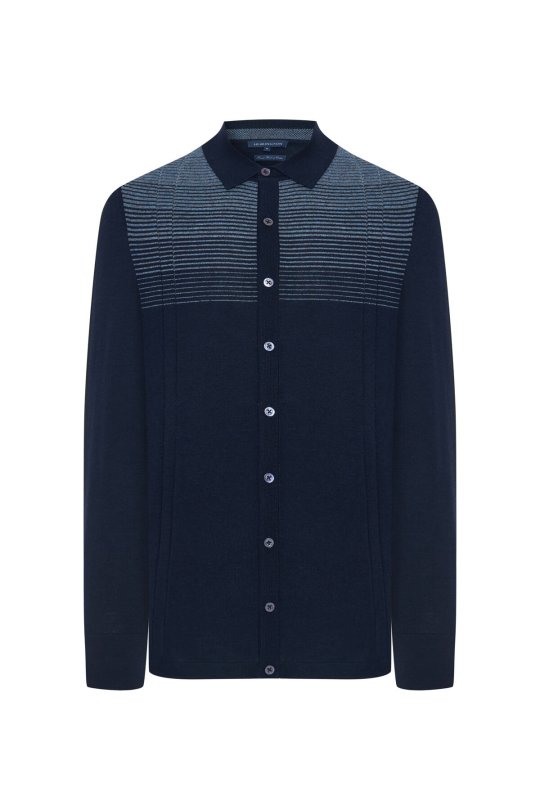 Merino Yün Pamuk Karışım Şerit Desenli Düğmeli Lacivert Triko Gömlek