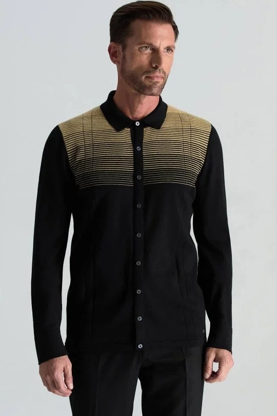 Hemington - Merino Yün Pamuk Karışım Şerit Desenli Düğmeli Siyah Triko Gömlek